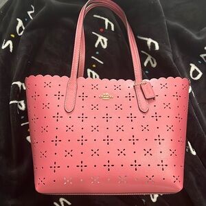 New Never Used Mini City Tote Laser Cut Leather Carry All Bag in Rouge.